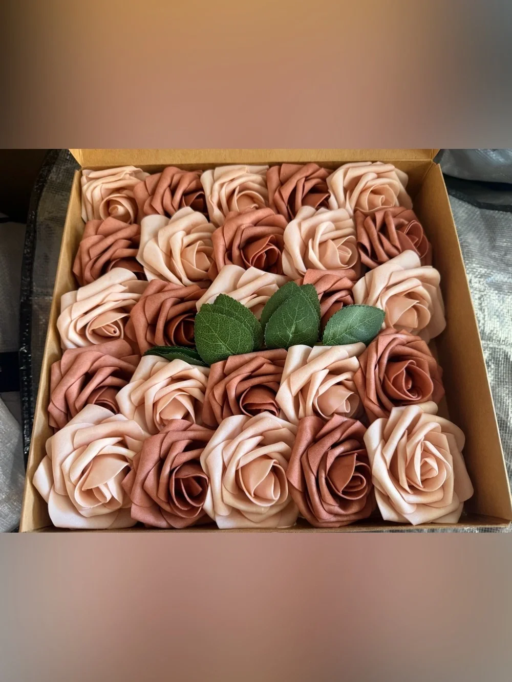 25 each Blush and Rose Gold Artificial Roses New in Box Fancy Elegant Flowers